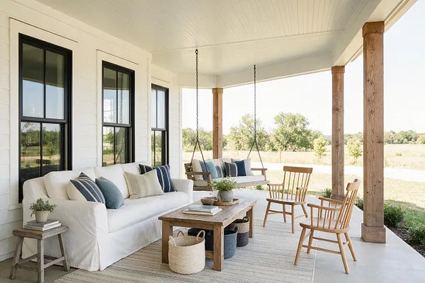 A spacious farmhouse front porch with a white beadboard ceiling, black-trim windows, and rustic wood posts. The porch is furnished with a white slipcovered sofa, a hanging swing with blue and cream pillows, two light wood rocking chairs, and a weathered wood coffee table on a neutral woven rug.
