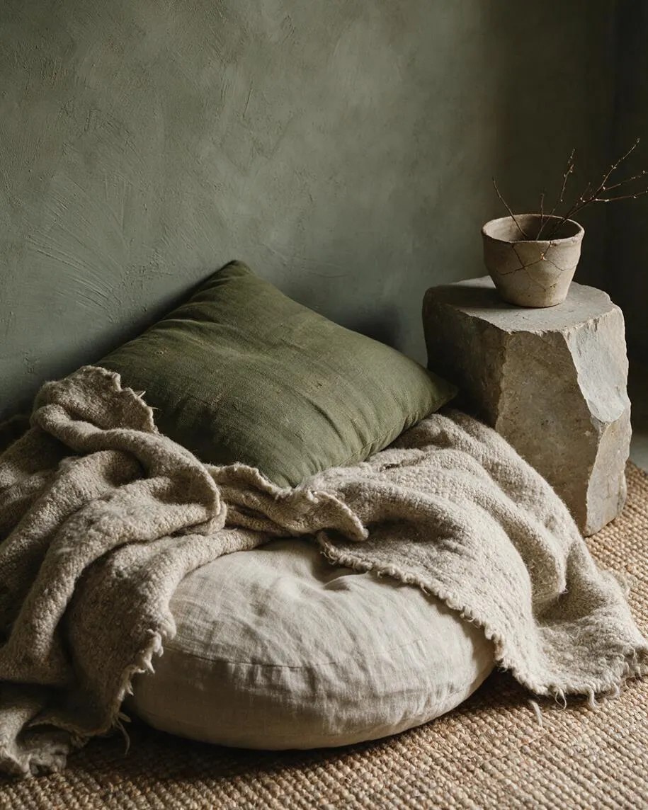A Wabi-Sabi style corner vignette with a muted green plaster wall, a round beige floor cushion, an olive linen pillow, and a soft textured throw draped casually across the seat. A rough stone pedestal holds a small handmade ceramic cup with bare branches, all resting on a woven natural fiber rug.