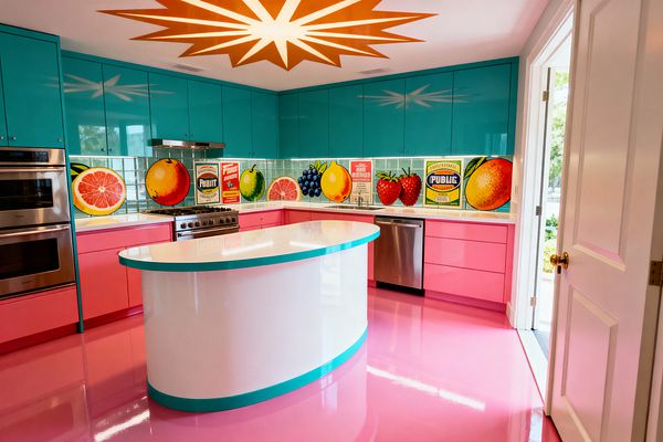 A Pop Art kitchen with glossy teal upper cabinets, hot pink base cabinets, and a matching high-gloss pink floor. A curved white island trimmed in teal sits in the center; a pale aqua glass-tile backsplash is overlaid with oversized fruit and vintage-style label graphics. Stainless double wall ovens, a range with a low hood, and a dishwasher complete the U-shaped layout, while an orange starburst graphic encircles a ceiling light near a glass door to the outside.