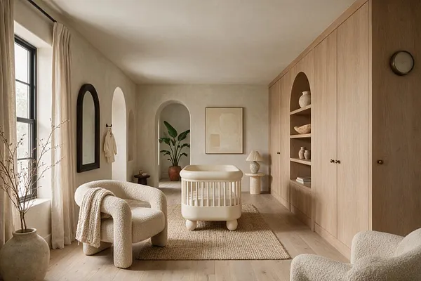 A serene nursery with a cream crib centered on a woven rug, flanked by plush boucle lounge chairs and pale wood built-in cabinetry. Soft beige walls, arched niches, linen drapes, and simple decor create a calm, organic modern atmosphere.