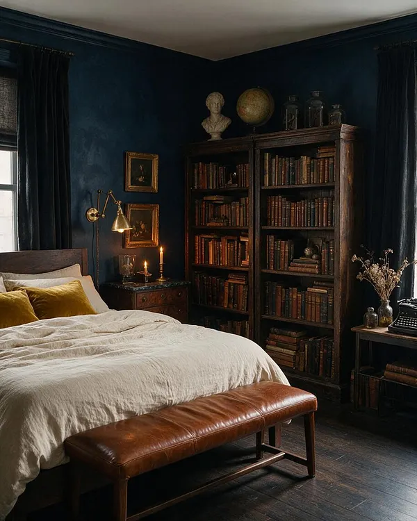 A dark academia master bedroom with deep navy walls, a wooden bed dressed in cream bedding and mustard velvet pillows, and a leather bench at the foot. A tall bookcase filled with old books anchors the room, while brass wall lighting, framed art, candles, a globe, and dried flowers add an intellectual, vintage atmosphere.