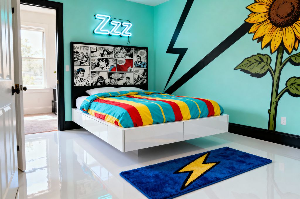 A Pop Art bedroom with a floating white platform bed and a black-and-white comic-strip headboard under a blue neon 'Zzz' sign. Turquoise walls show an oversized sunflower and a bold black lightning bolt; the bed has red, yellow, and teal striped bedding, a blue rug with a lightning motif sits on a glossy white floor, and black trim frames the doorway as daylight filters from an adjacent room.