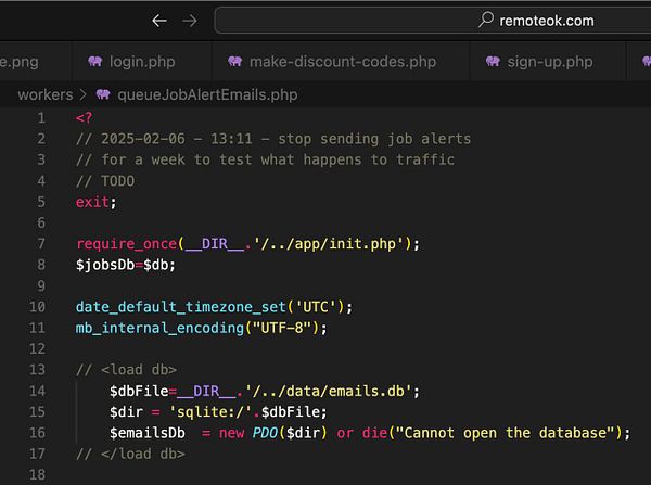 The image displays a code snippet from a PHP file related to job alert emails.