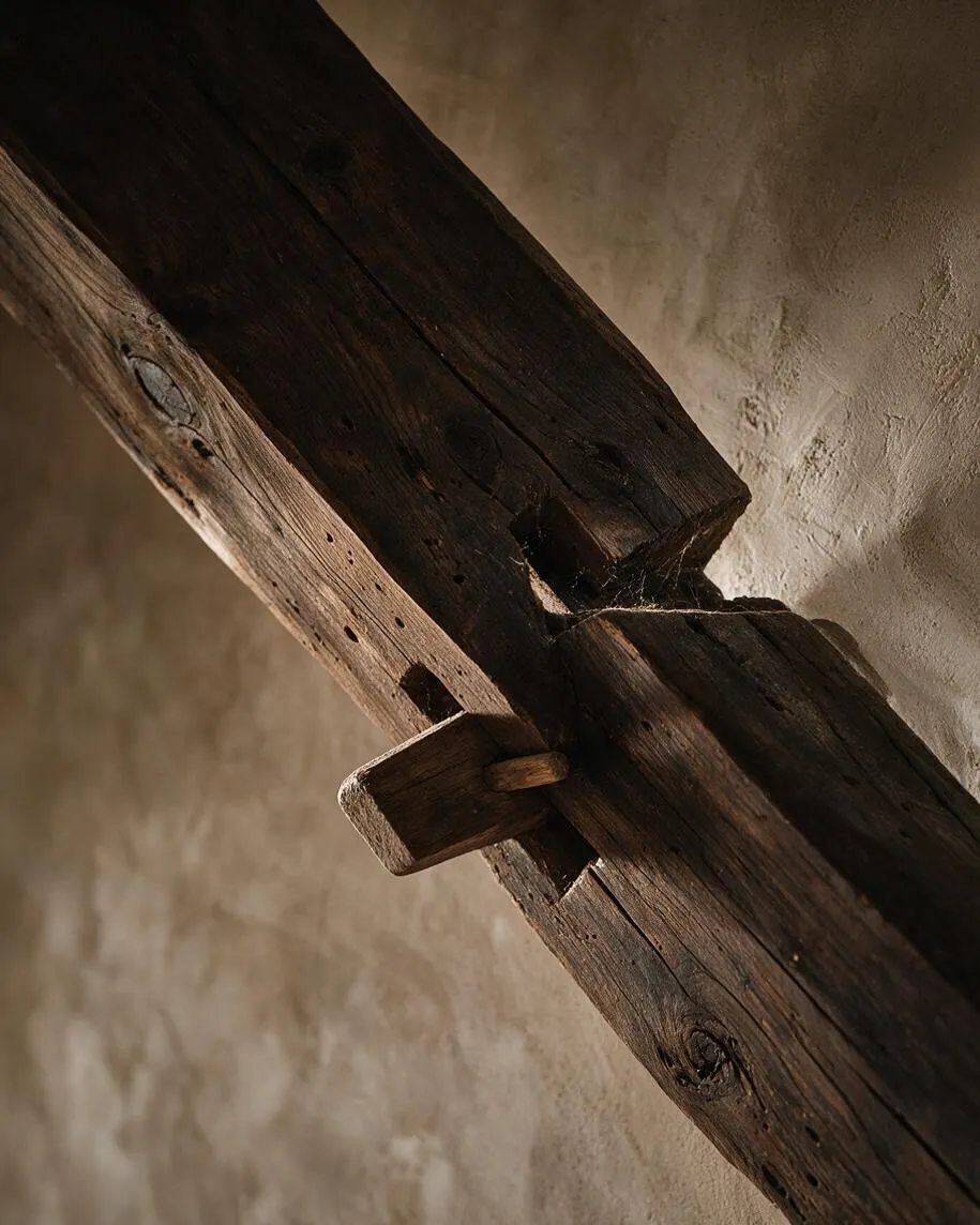 A close-up detail of two dark, weathered wooden beams joined together against a rough beige plaster wall. The wood shows knots, cracks, and age marks, with a simple carved connector emphasizing handmade construction and natural imperfection.