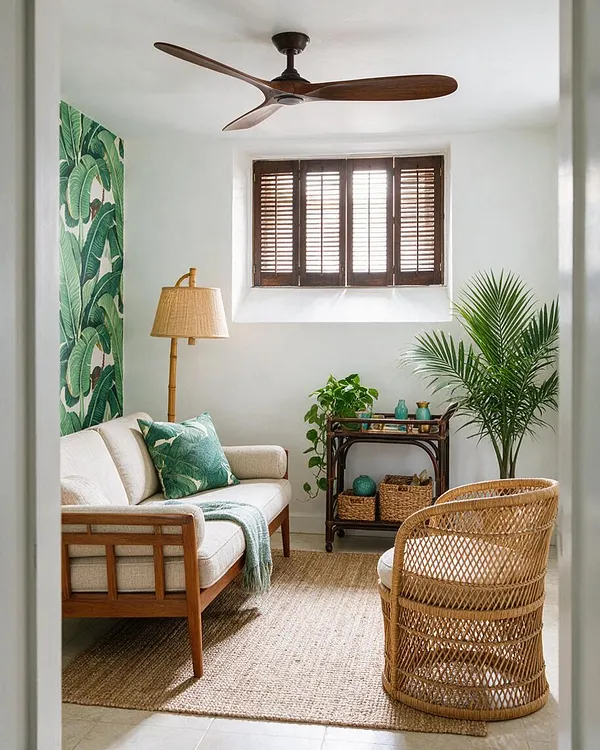 A small tropical-style basement lounge with a cream sofa, green leaf-print pillow, and woven throw on a natural jute rug. The space includes a rattan chair, bamboo floor lamp, dark wood shuttered window, potted palm, and a ceiling fan with wood blades.