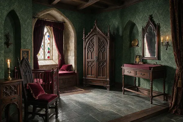 A dark, dramatic nursery with green patterned walls, pointed-arch windows, and rich burgundy velvet accents. The room includes a carved wooden crib, an ornate wardrobe, a gothic chair, a small dresser, and candle-style wall sconces, all set on a stone-tile floor.