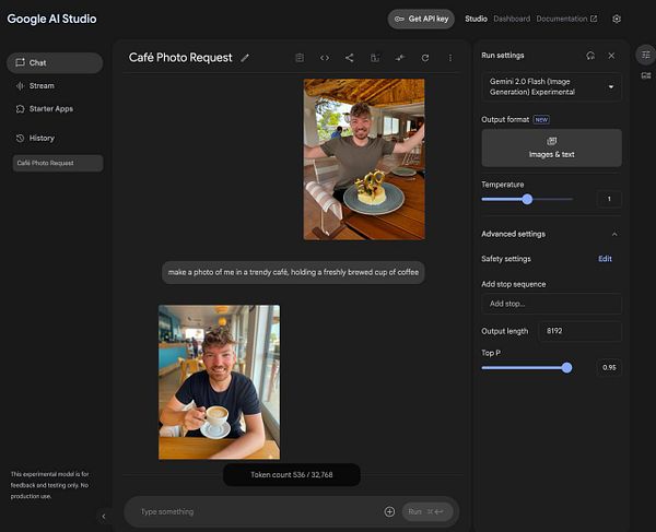 The image displays a user interface of Google AI Studio with a café photo request and an input image.