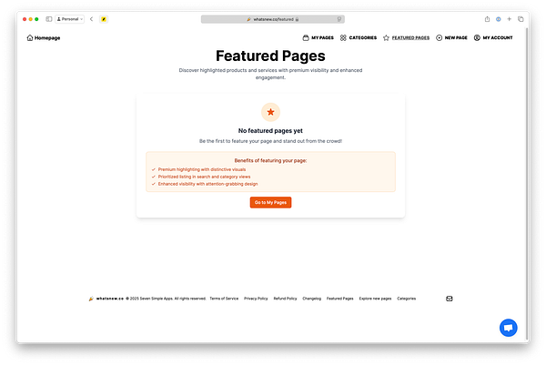 A webpage titled 'Featured Pages' displays a message indicating there are currently no featured pages available.