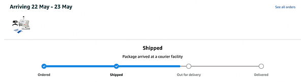 The image displays the status of an Amazon order tracking interface.