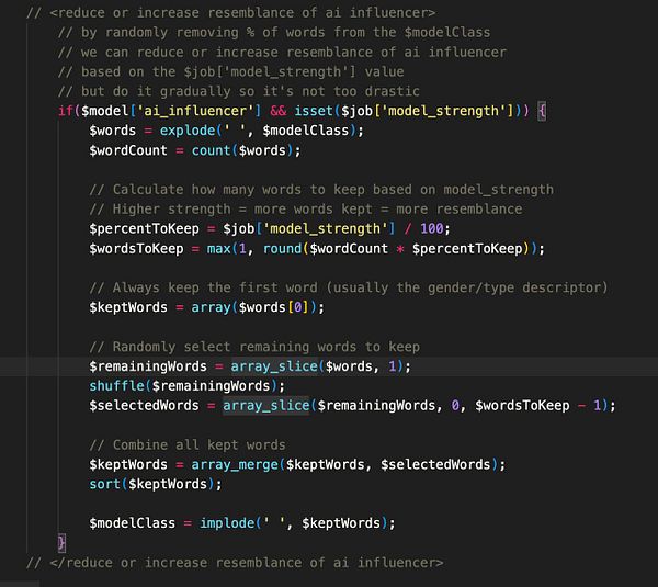 The image displays a code snippet for modifying the resemblance of an AI influencer model by adjusting the percentage of descriptive words.