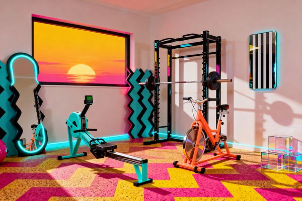 A Pop Art–inspired home gym with a black power rack and barbell, an orange stationary bike, and a turquoise rowing machine sits on a magenta and yellow zigzag rubber floor. White walls glow with cyan LED strips, flanked by wavy neon-edged mirrors, striped wall art, teal zigzag wall panels, a large window or lightbox displaying a vivid pink-orange sunset, and a stack of clear acrylic cubes in the corner.