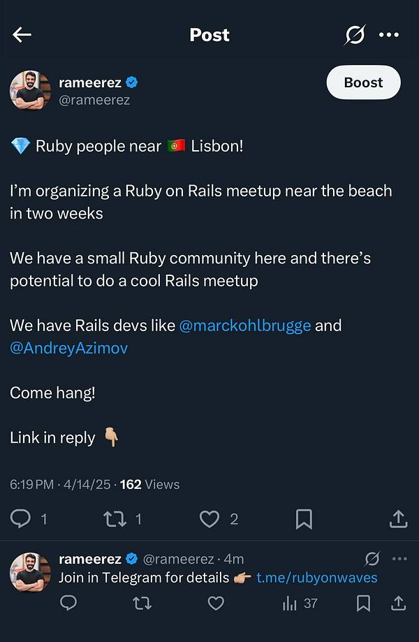 A Twitter post announcing a Ruby on Rails meetup near Lisbon.