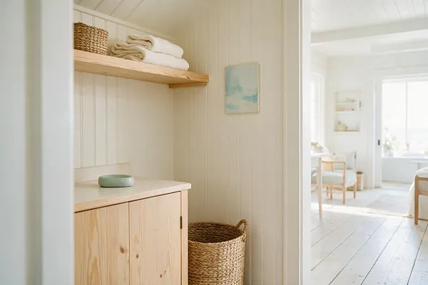 A bright coastal-style nook with vertical shiplap walls, a pale wood cabinet, and a floating shelf holding folded white towels and a woven basket. A woven laundry basket and a small seafoam dish add texture, while an open doorway reveals a sunlit white room beyond.