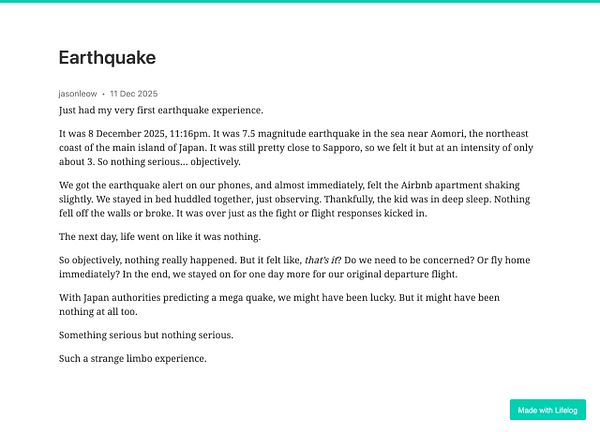 A personal account of experiencing an earthquake while staying in an Airbnb in Japan.