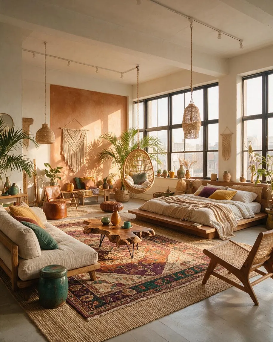 A spacious studio apartment filled with warm sunlight, featuring a low wooden bed, a cushioned sofa, a woven hanging chair, and layered patterned rugs. Large black-framed windows, macramé wall decor, rattan pendant lights, and many plants create a relaxed bohemian atmosphere.