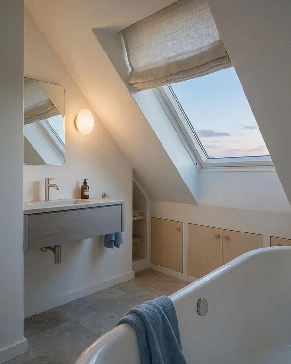A bright Scandinavian-style master bathroom in an attic space with sloped white ceilings and a large skylight. The room features a floating gray vanity, round wall light, light wood storage cabinets, a freestanding white tub, and soft blue towels against a calm neutral palette.