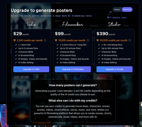 The image displays a subscription plan interface for a movie poster generator and AI filmmaking tools.