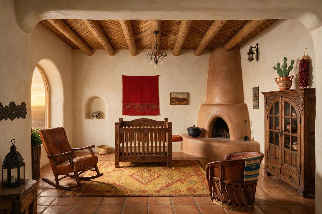 A Southwestern-style nursery with a carved wooden crib centered on a patterned rug, flanked by two leather rocking chairs. The room features plaster walls, a timber ceiling, terracotta tile floors, an arched window, a large adobe-style fireplace, and rustic wood storage cabinetry.