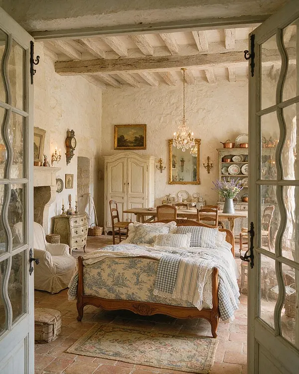 A French Country guest bedroom with a carved wooden bed dressed in soft patterned linens, framed by open glass doors. The room features exposed wood ceiling beams, plaster walls, a chandelier, antique furniture, a fireplace, and a dining table set in the background.