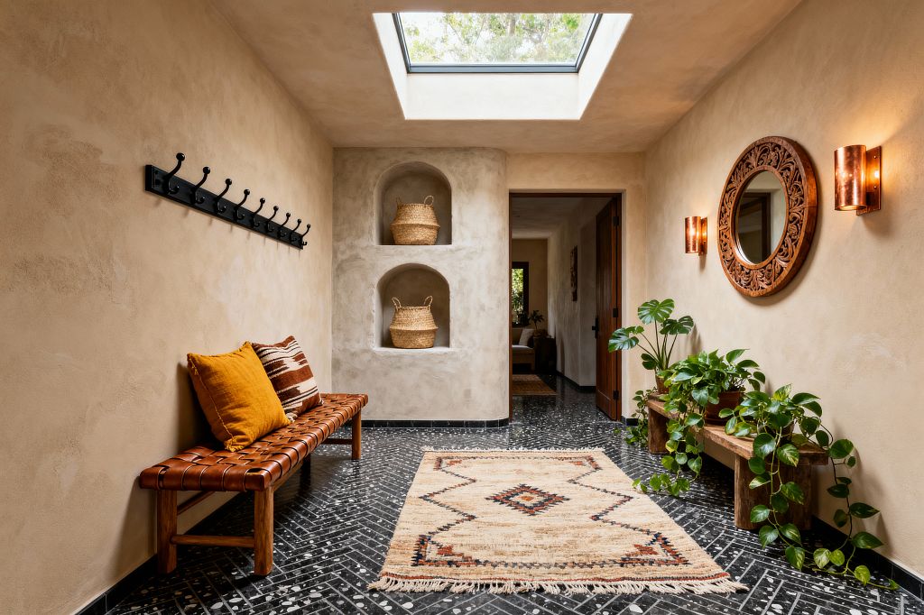 A skylit mudroom with sand-colored plaster walls and a black herringbone terrazzo floor. On the left, a woven leather bench with mustard and striped pillows sits below a long black metal coat rack; ahead, two arched wall niches hold woven baskets. On the right, a rustic wood bench supports potted plants, including a monstera and trailing pothos, beneath a round carved wood mirror and warm copper sconces. A tan kilim runner centers the space.
