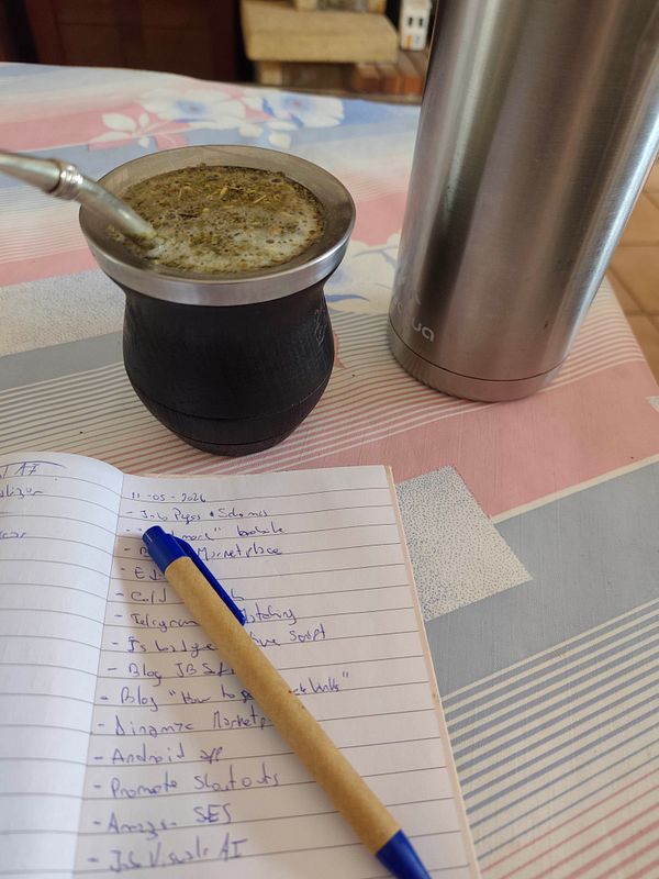 A vibrant morning scene of a table with mate drinks and a daily to-do list notebook.