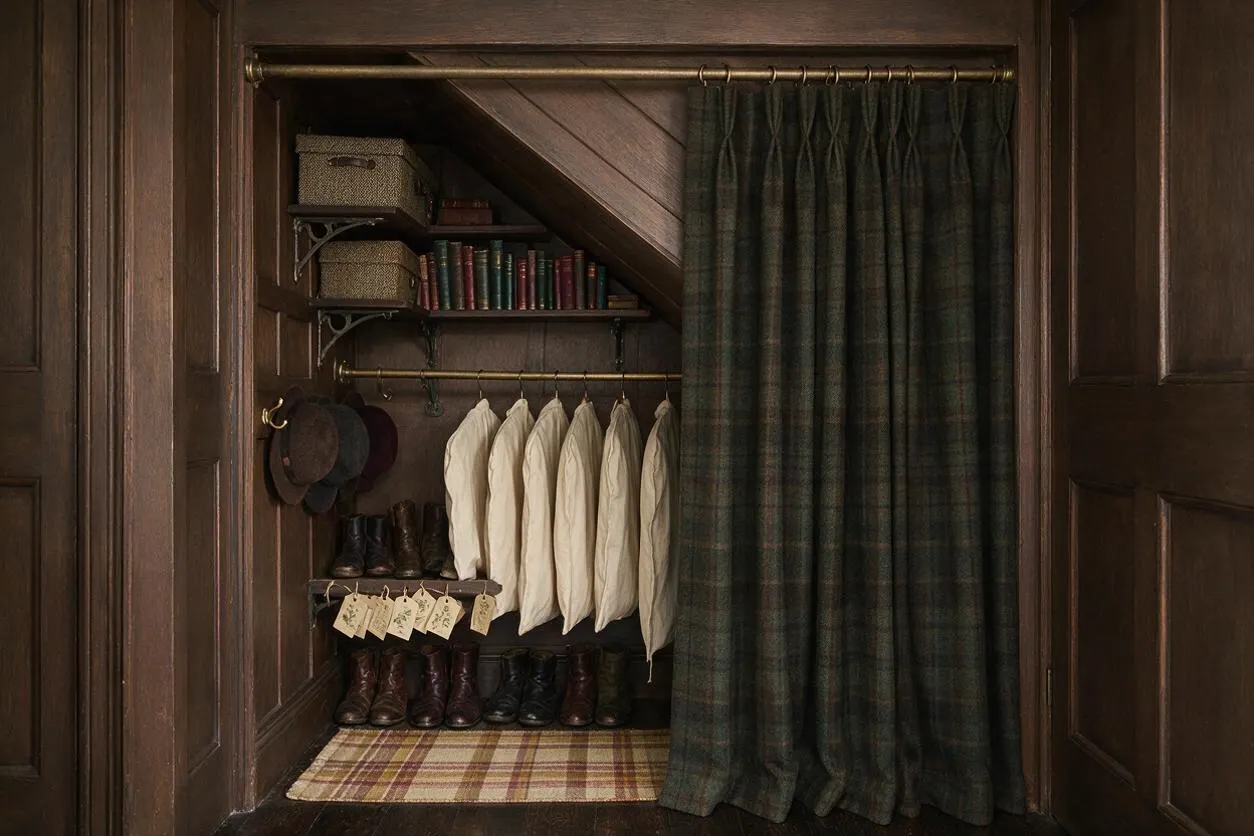 A compact closet styled in Dark Academia fashion with dark wood paneled walls, brass hanging rods, and a plaid curtain covering the right side. Open shelves hold vintage-style books and woven storage boxes, while hats, cream garments, and rows of leather boots create a scholarly, old-world atmosphere.
