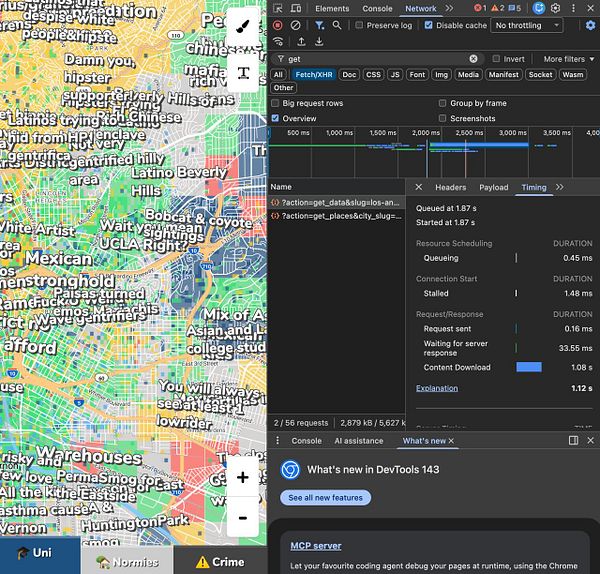 Screenshot of a JSON response showing cache settings for 'get_places' and 'get_data' actions with Cache-Control set to 'public, max-age=300'.