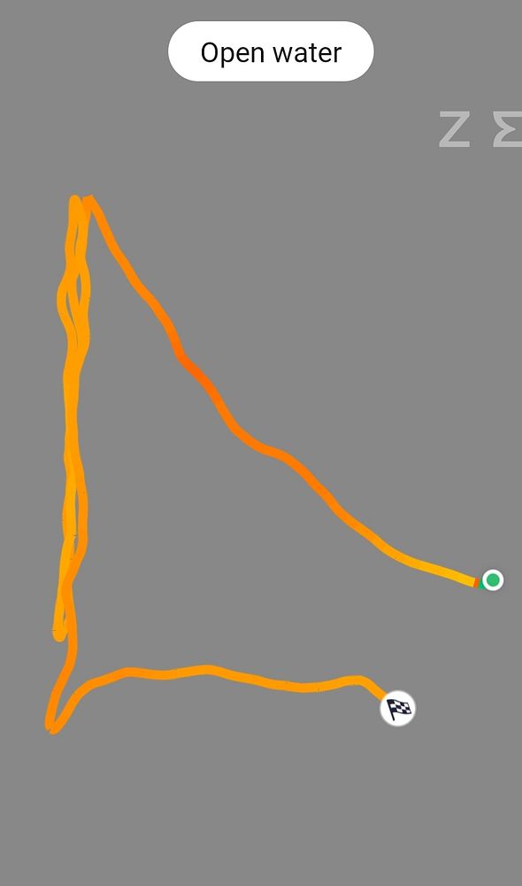 A workout route map showing an open water swim course marked by an orange path forming a large triangular loop with a start point and a finish flag.