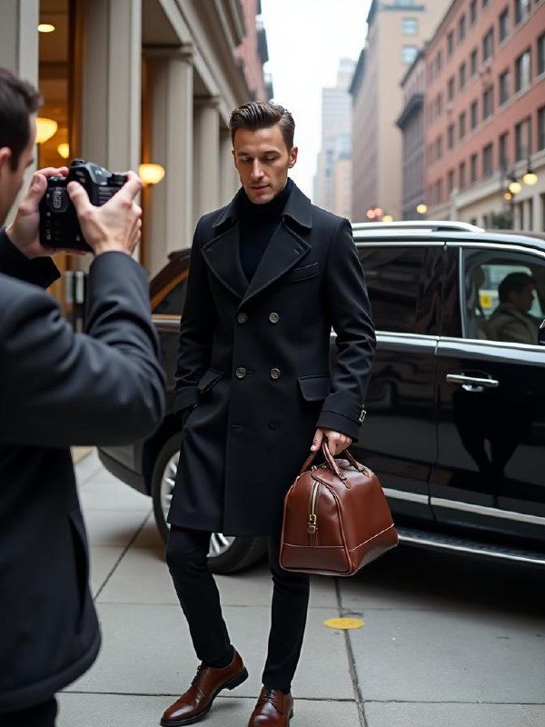 A stylish man is being photographed while walking on a city street.