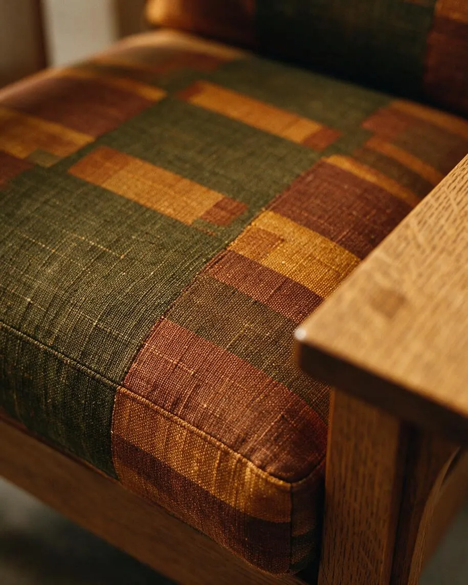 A close-up of a Craftsman-style upholstered chair shows a textured plaid fabric in deep green, rust, gold, and brown tones. The seat is framed by warm natural wood arms and legs, emphasizing the handcrafted, earthy look.
