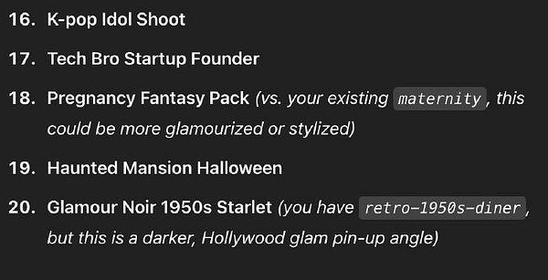 The image displays a list of creative photo pack ideas with a focus on various themes.