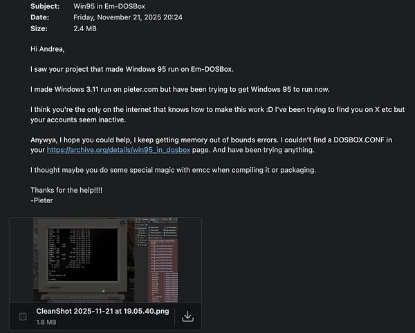 The image displays a screenshot of a terminal window running Windows 95 in Em-DOSBox, alongside a detailed email correspondence.