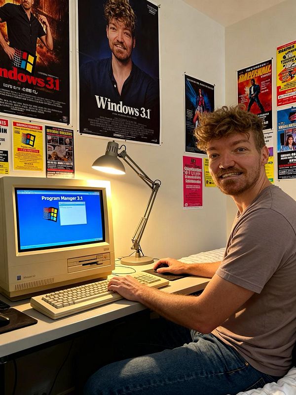 A person is sitting at a vintage computer running Windows 3.1, surrounded by retro posters.