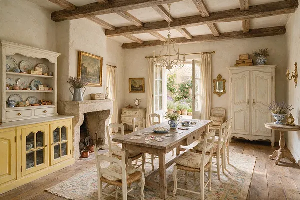 A French Country game room with exposed dark wood ceiling beams, plaster walls, and a rustic stone fireplace. A long weathered wooden table sits in the center with painted ladder-back chairs, while cream cabinetry, floral china, and antique-style decor add a soft vintage feel. French doors open to a garden, filling the room with natural light.