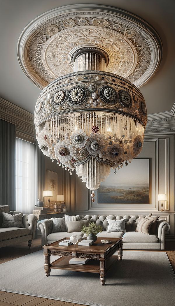 A beautifully decorated living room featuring a beaded chandelier as the centerpiece, with detailed close-ups of the beads.
