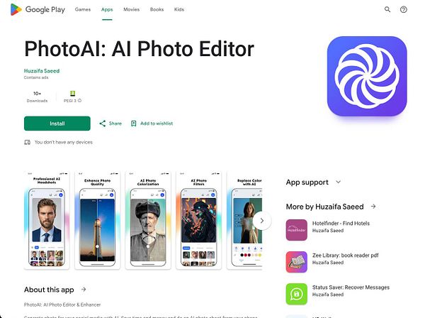 The image displays the Google Play Store page for the PhotoAI app, highlighting its features and developer information.