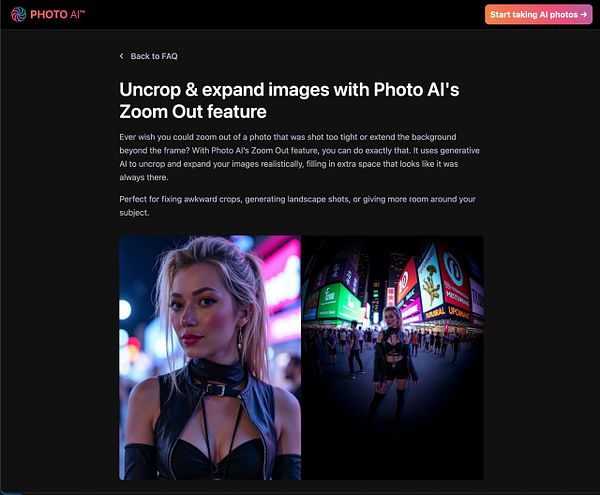 The image showcases a promotional interface for Photo AI's Zoom Out feature, highlighting its capabilities with a visual example.