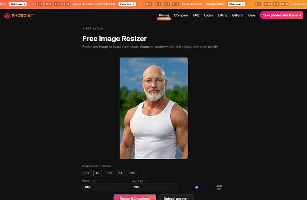 Screenshot of a Free Image Resizer web tool interface showing image upload and resizing options.