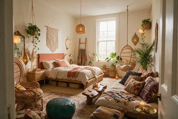 A cozy bohemian master bedroom with a low wood bed, layered neutral bedding, patterned pillows, wicker and rattan furniture, hanging plants, macramé wall decor, and warm ambient lighting. A window brings in soft natural light, while plants, candles, and textured rugs create an eclectic, relaxed atmosphere.