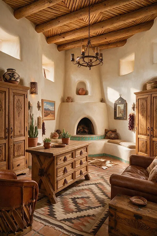 A cozy Southwestern-style closet or dressing room with adobe plaster walls, a carved wood ceiling, and a central fireplace niche. Rustic wooden wardrobes, a chest of drawers, leather seating, woven rugs, and decorative pottery create a warm earthy atmosphere.