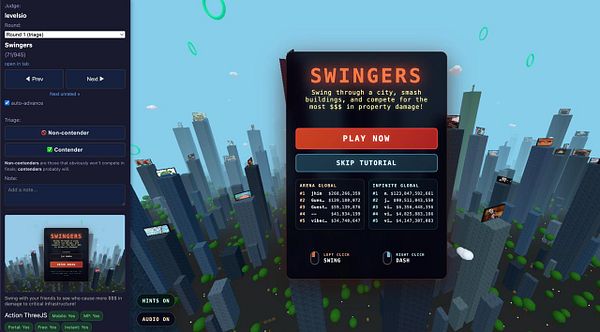 Screenshot of website VibeJam featuring a list of games to judge, with navigation headers and social media links.