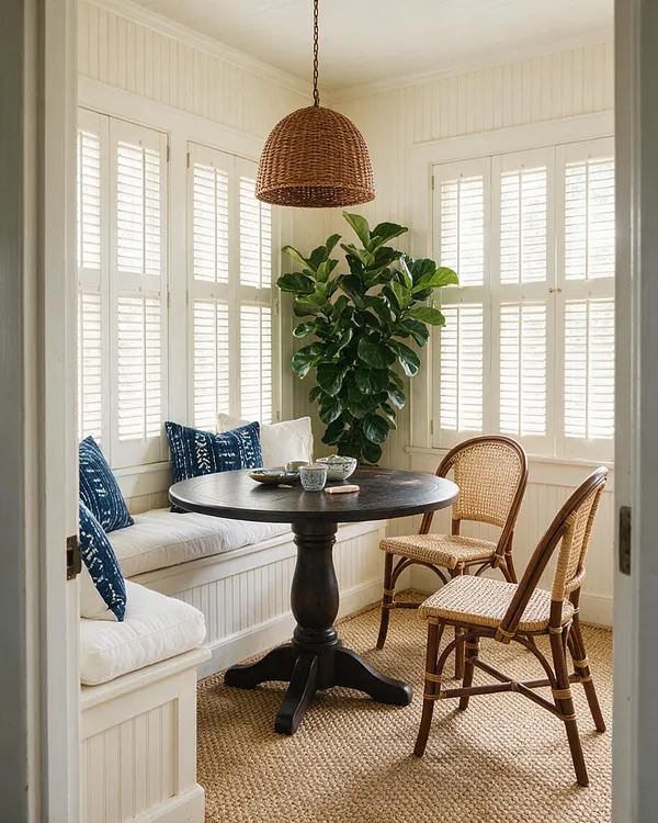 A bright tropical-style sunroom with white shuttered windows, a built-in bench with white cushions and blue patterned pillows, a dark round pedestal table, woven rattan chairs, a large leafy potted plant, and a wicker pendant light over a natural jute rug.