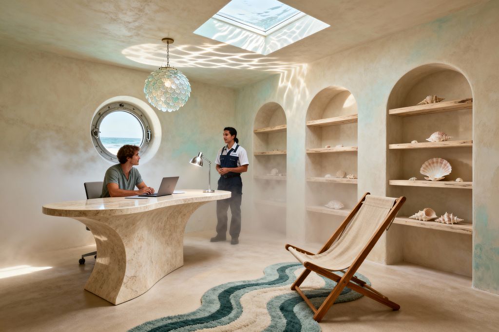 A coastal-themed home office features a sculptural travertine desk before a round porthole window with an ocean view, beneath a capiz shell globe pendant and a skylight casting rippled light. Arched niches with driftwood shelves display seashells, while a wave-patterned rug and a teak-and-canvas sling chair complete the sandy, limewashed space; one person sits at a laptop as another stands nearby.