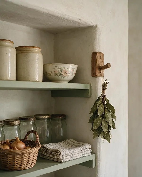 A small cottagecore pantry alcove with pale green shelves set into a white plaster niche. Ceramic crocks, floral china, glass jars, a wicker basket of onions, folded striped cloths, and a bunch of dried herbs hanging from a wooden peg create a calm rustic display.