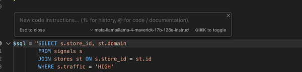 The image displays a code snippet for an SQL query within a coding interface.