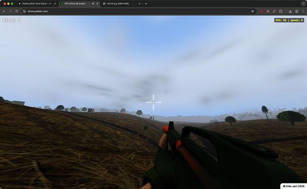 A drone with a mounted gun is positioned outdoors in a grassy area with a house and trees in the background.