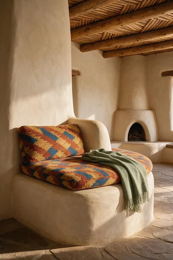 A Southwestern-style room with smooth adobe plaster walls, a curved built-in bench, and a patterned woven cushion in warm rust, gold, and blue tones. A soft green throw is draped over the seat, while rustic wood ceiling beams and a small stucco fireplace add warmth and texture.