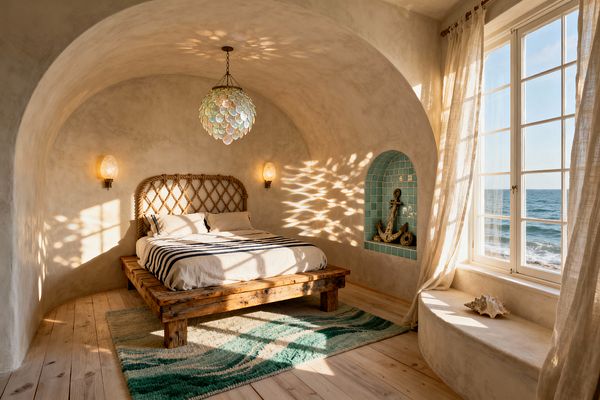 A coastal bedroom set within a smooth, arched plaster alcove features a rustic reclaimed-wood platform bed with a woven rope lattice headboard and ivory linen bedding with navy stripes. A capiz shell chandelier and two shell sconces cast patterned light on sand-colored walls. An arched niche lined in aqua tiles holds an anchor decor. Pale pine floors, a teal wave-pattern rug, sheer linen curtains, and a large ocean-view window complete the space.