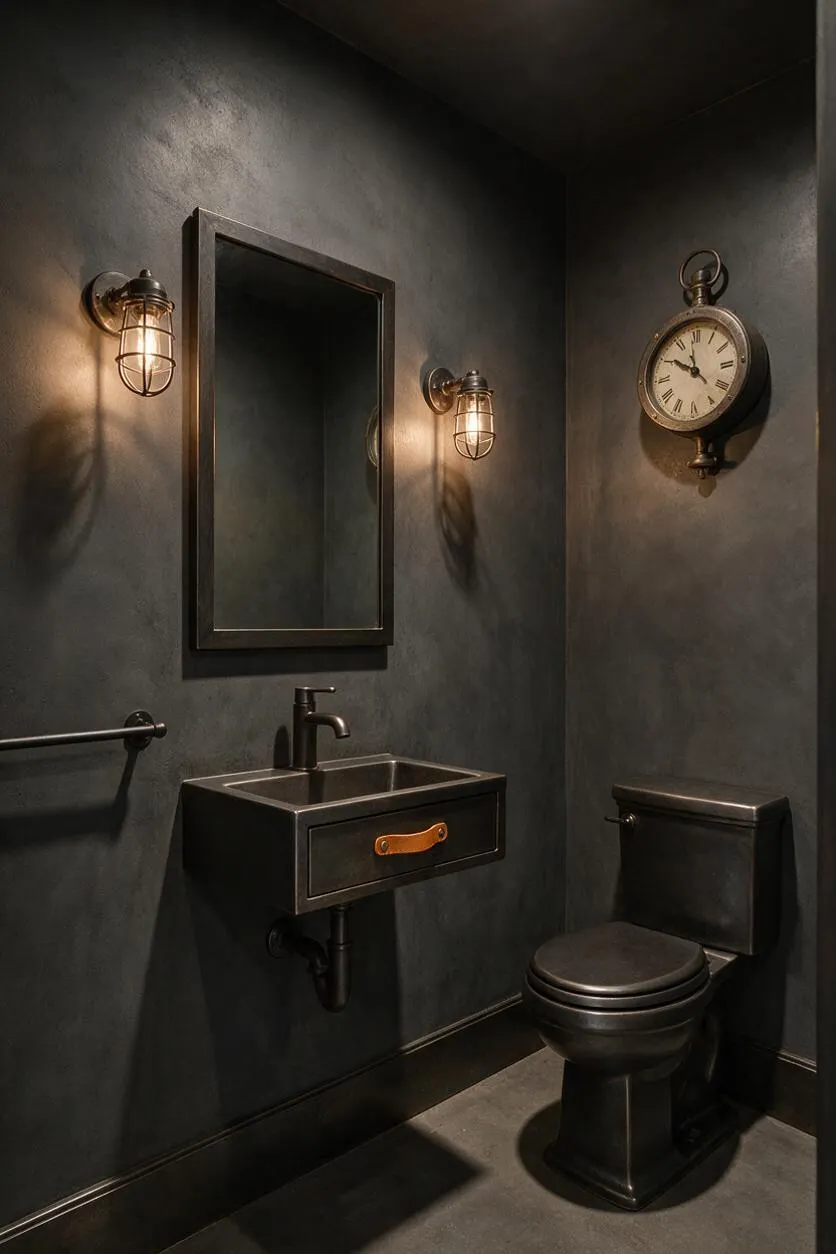 A compact powder room in dark industrial style with matte black walls, a rectangular wall mirror, caged sconces, a wall-mounted black sink, and a matching black toilet. A vintage-style wall clock and warm amber lighting add character.