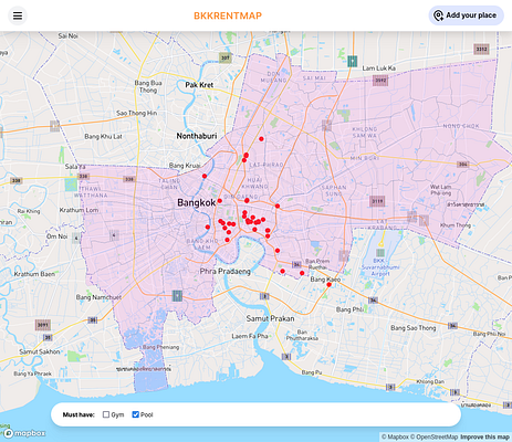 A detailed map of Bangkok highlighting rental properties with specific filters.